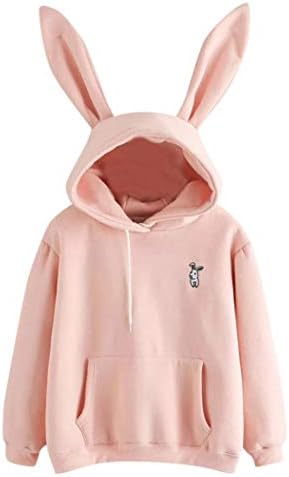 Women Hoodies-Tops- Long Sleeve Pocket Pullover Hoodie Drawstring Sweatshirt Bunny Ear Blouse Shirt