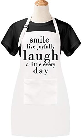 Claswcalor Funny Cooking Aprons with Pocket, Smile Live Joyfully Laugh a Little Every Day Kitchen Aprons, Waterproof Adjustable Baking Aprons for Women