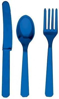 24 Plastic Cutlery Birthday Wedding Solid Colours Tableware Party Supplies plastic spoons and forks set (Royal Blue)