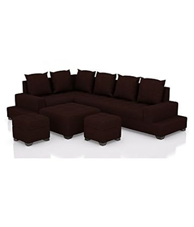 Zikras Dark Brown Sal Wood 6 Seater L-Shaped Sofa Set For Living Room
