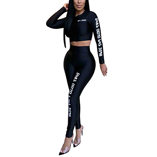 Women's 2 Piece Outfits Long Sleeve Printed Bodycon Crop Top and Long Pants