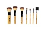 Queen's Grace 7 Piece Bamboo Makeup Brush Set with Roll-Up Cotton Travel Pouch - Premium Synthetic Hair & Wooden Handles