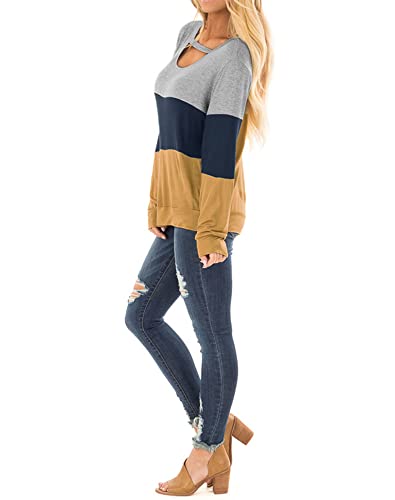 MINCLOUSE WOMEN’S COLOR BLOCK LONG SLEEVES TUNIC CUTOUT CHOKER TOPS CREW NECK CASUAL LOOSE BLOUSES CUTE SWEATSHIRTS