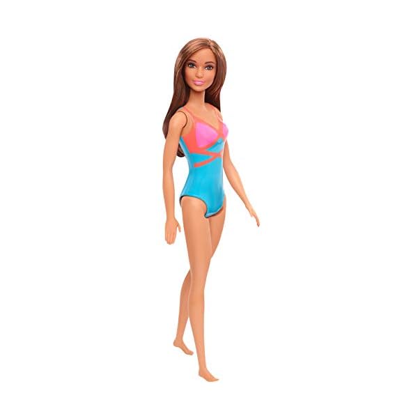 Barbie GHW40 - Beach Puppe (brünett), mit Badeanzug in Blau, Pink und Orange, Spielzeug für Kinder von 3 bis 7 Jahren