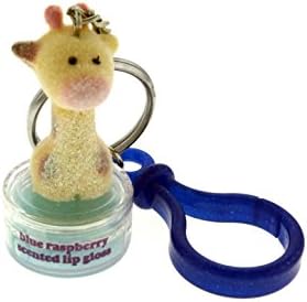 WhiteFlocked Giraffe Topper Blue Raspberry Scented Lip Gloss With Glittery Blue Plastic Clip And Trigger Snap Key Chain KEKC5138