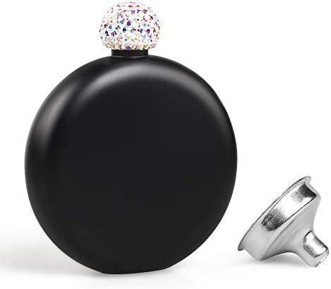 KWANITHINK Flasks for Liquor for Women, Stainless Steel Liquor Flask with Rhinestone Lid, Whiskey Flask Round with Funnel 5 oz (Black)