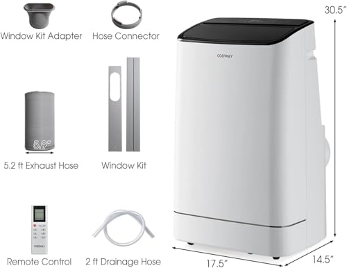 COSTWAY 15000 BTU Portable Air Conditioner, with Heat, Auto Swing 4-in-1 AC Unit for Rooms up to 800 Sq.Ft, with Built-in Dehumidifier, 24H Timer, Remote Control/APP Control & Window Kit