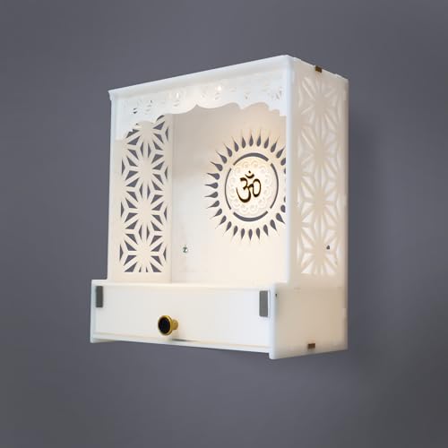 Heartily® Acrylic Shree Beautiful Pooja Stand for Home Mandir for Home Temple for Home and Office Puja Mandir for Home and Office Wall with LED Spot Light Product (H- 18, L- 16, W-8.75 Inch)