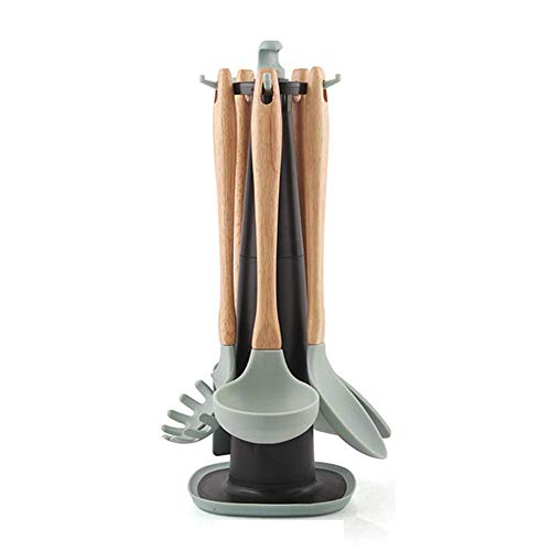 VOVI Silicone Carousel Kitchen Utensil Set with Wood Frame Kitchen Heat Resistant Nonstick Kitchen Tools and Gadgets Elevated Utensils for Cooking Holder 6PCS