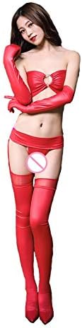 XSQR Set Faux Leather PVC Shiny Lace Stockings Bodysuit with Length Glove Hollow Strapless Garters G-Sting Erotic Lingerie