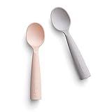 Miniware Teething Spoon Cutlery Set with Carrying Case for Baby Toddler Kids - Promotes Self Feeding | 100% Food Grade Silicone | BPA Free | Modern & Durable Design | Dishwasher Safe (Grey and Peach)
