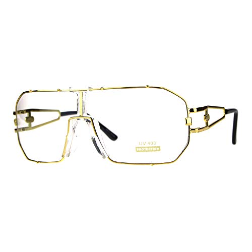 Mens Clear Lens Eyeglasses Gold Rectangular Shield Metal Frame UV 400