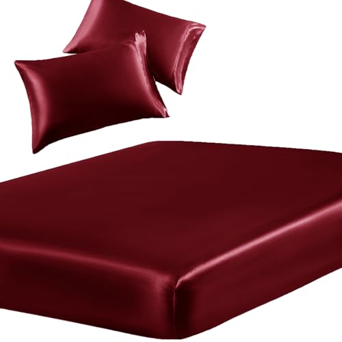 SiinvdaBZX Burgundy 3-Piece Satin Sheet Set