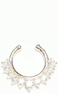 Clip on Fake Faux Septum Crystal Clicker Non Piercing Nose Ring Hoop Gold Silver Plated Clear Cz (Silver)