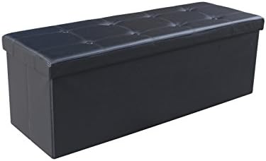 43" Long Faux Leather Folding Storage Bin &amp; Bench, Seat &amp; Ottoman Foot Rest, Black Color