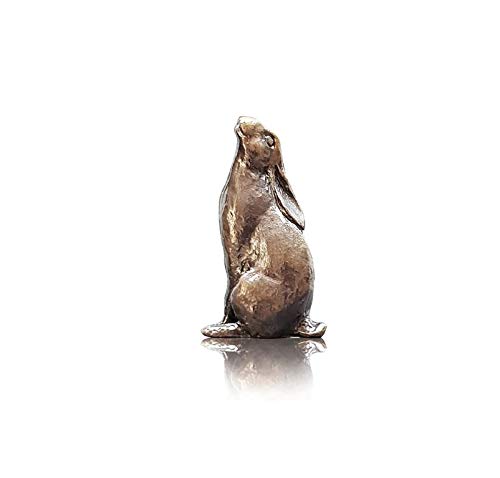 2080 Hare Moon Gazing Butler and Peach Solid Bronze Miniature Sculpture Figure - 3.5 x 2 x 1.5 cm