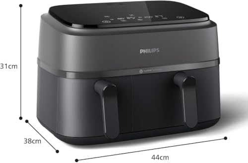 Philips Dual Basket Air Fryer – 9L Total Capacity with Two Different-Sized Drawers, Versatile Cooking Options with Rapid Air Technology, Touchscreen, Ideal for Roasting, Baking & Grilling (NA350/00)