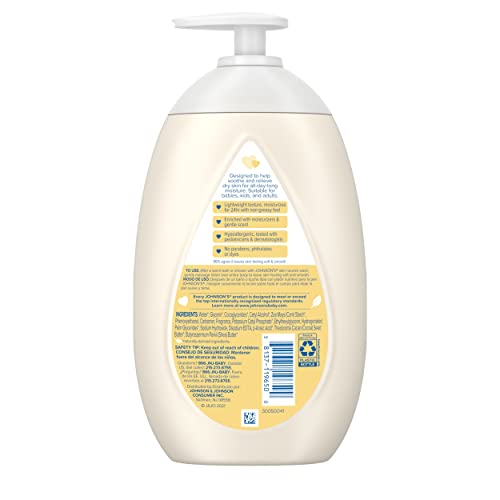 JOHNSON’S SKIN NOURISH MOISTURIZING BABY LOTION FOR DRY SKIN WITH SHEA & COCOA BUTTER SCENTS, GENTLE & LIGHTWEIGHT BODY LOTION FOR THE WHOLE FAMILY, HYPOALLERGENIC, DYE-FREE, 16.9 FL. OZ