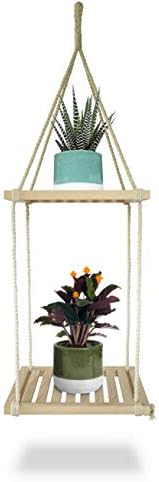 23 Bees, Macrame Hanging Planter Shelf, Indoor Plant Holder & Floating Shelves, Handcrafted Wood with Rope and Hanger (2 Wooden Square Layers)