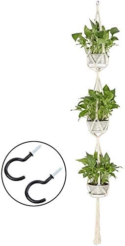 Macrame Indoor Outdoor Hanging Planter Holder With Three Flower