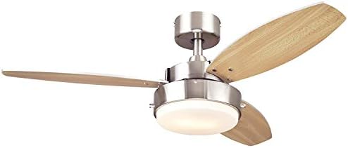 Alloy Two-Light Reversible Three-Blade Indoor Ceiling Fan, 42-Inch, Brushed Nickel Finish with Opal Frosted Glass