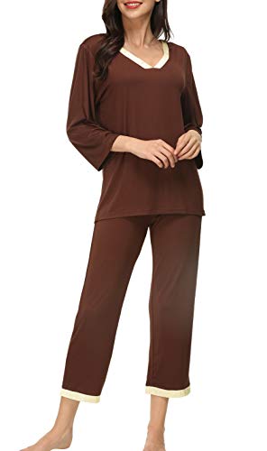 Invug Women 3/4 Long Sleeve Shirt Pants Set Sleepwear V Neck Long Pajamas Loungewear Coffee S - Thumbnail 5