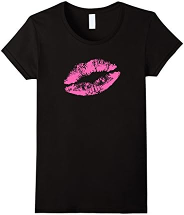 Women's Distressed Sexy Lips Hot Pink Lipstick Kiss T-shirt Large Black