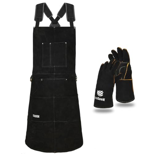LeaSeek Welding Apron, Cowhide Leather Work Apron with 6 Pockets, Heat Resistant and Fireproof, Adjustable Straps from M to XXXL for Men and Women, Black