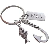 Custom Fish Hook & Fish Charm Keychain with Engraved Tag for Couples or Best Friends, Anniversary Keychain