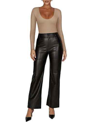REORIA WOMEN’S FALL SEXY CASUAL SCOOP NECK LONG SLEEVE DOUBLE LINED STRETCHY SHIRT TOPS SLIMMING GOING OUT THONG BODYSUITS KHAKI LARGE