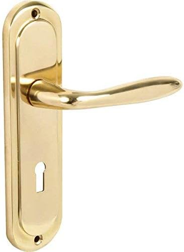 Designer Levers - Mocho Round Plate Lever Door Handle - 1 Pair - Polished Brass - Locking Door Handle - 189 x 49mm - Interior Use