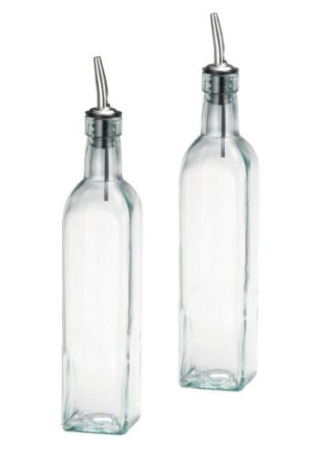 SET OF 2 - 16 oz / 500 ml Oil Vinegar Cruet, Square Tall Glass Bottle w/Stainless Steel Pourer Spout by The Cook's Connection