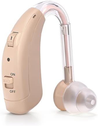 Redução digital de ruído com volume ajustável. Dispositivo de som recarregável para seniores, com design confortável e leve atrás da orelha e porta de carregamento tipo C.