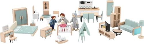 Giant bean Dollhouse Furniture Wooden Set, 36 Pieces Furniture with 4 Family Dolls, Doll Accessories, Toy for Boys, Girls and Toddlers 3+ Years
