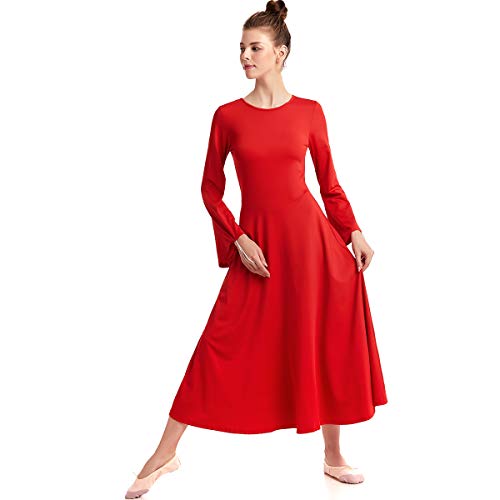 HIHCBF Adult Women Bell Sleeve Liturgical Praise Dress Solid Color Full Length Wide Swing Loose Fit Worship Dancewear Red XL - Thumbnail 3