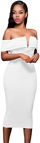 Anloli Women's Solid Color Sexy V Neck Off The Shoulder Party Bodycon Dress Small Size White