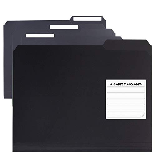 Black Plastic 3TAB File Folders (6 Pack) Letter Size, Poly Folder, 1/3
