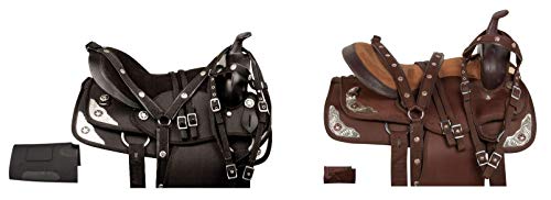 Acerugs 12″ 13″ 14″ 15″ 16″ 17″ 18″ Western Synthetic Silver Show Light Weight Horse Saddle TACK Pleasure Trail Bridle REINS Breastplate (Black Silver, 14)