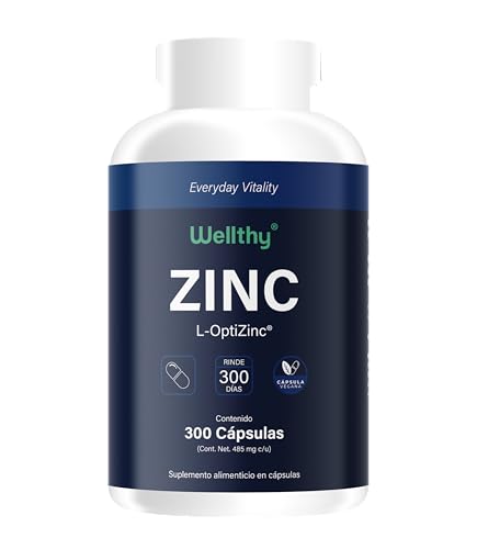 Wellthy Zinc Premium 300 Cápsulas. Hecho con L-Optizinc, fórmula de Alta Absorción patentada por el Laboratorio Suizo Lonza. 220 Porciones, 10 meses de consumo, V Caps Cápsulas Veganas.