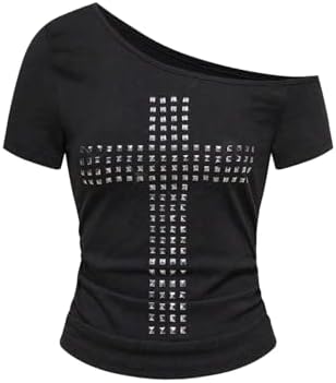 トップス Jentlouis Rivet T-Shirt Black M Milumia Women's Y2K Gothic Cross Rivet Tee Tops Vintage Cut Out