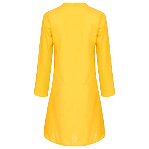 Winsummer Plus Size V Neck Button Down Tunic Dress Long Sleeve Loose Swing Casual Short T-Shirt Dresses Blouse Yellow - Thumbnail 3