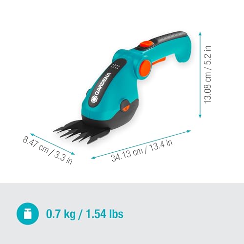Gardena ComfortCut Li Cordless Grass Shears with 8 cm Cutting Width, Angled Comfort Handle with LED Display, Blade Change without Tools (9887-20)