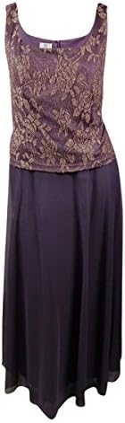 Patra Women's 2PC Metallic Lace Chiffon Dress Jacket Set (18W, Plum/Gold)