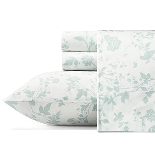 Laura Ashley Soft Sateen Cotton Bedding Set-Sleek, Smooth, & Breathable Home Decor, Garden Palace Blue, King