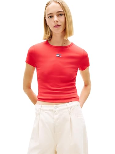 Tommy Jeans Women's Graphic Tee with Embroidered Flag Detail, RED Alert X-Large