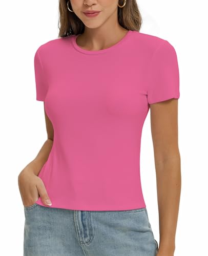 Damen Basic T-Shirt Y2K Slim Fit Oberteile Elegant Stretch Unterziehshirt Einfarbiges Top(Neon Pink-F1,Xl)