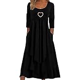 Bengbobar Womens Fall Crewneck Long Sleeve Dress Casual Cute Heart Tiered Swing Ruffle A Line Flowy Maxi Dresses with Pockets