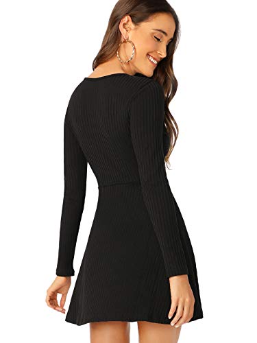 Verdusa Women's Elegant Deep V Neck Long Sleeve Ribbed Short Skater Dress - Image 3