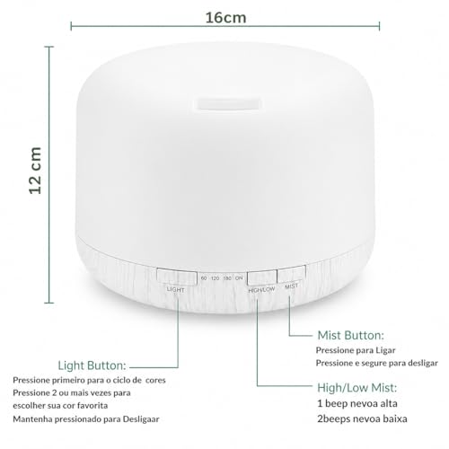 Difusor De Aromas, Umidificador De Ar Ultra-Sônico 500Ml, Difusor De Óleo Essencial, Abajur Led, Lâmpada Colorida Com Controle Remoto Branco Premium