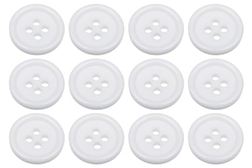 Pack of 12 White Sew on 15mm Round Buttons Flat 4 Holes 24L 24 Ligne